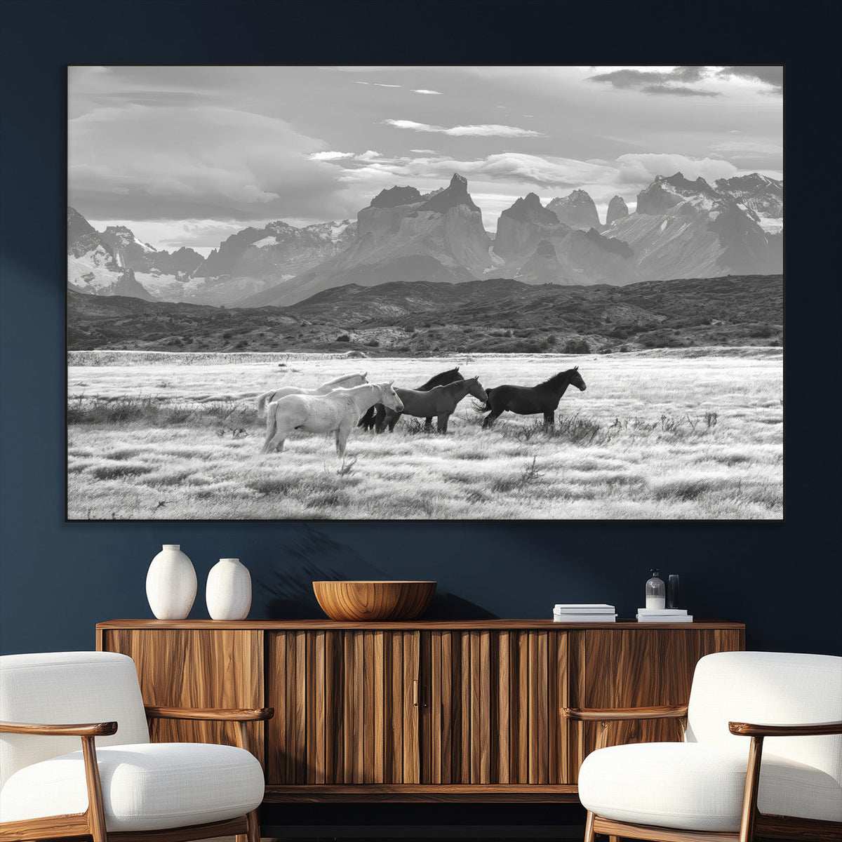 Wild Horses Wall Art Canvas Print – Framed Black and White
