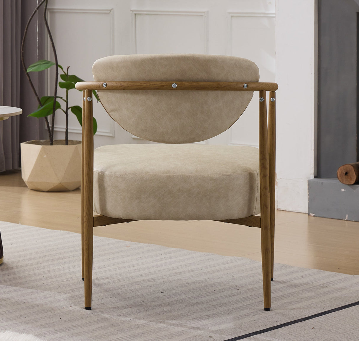 Beige PU Leather Dining Room Chair with Metal Frame