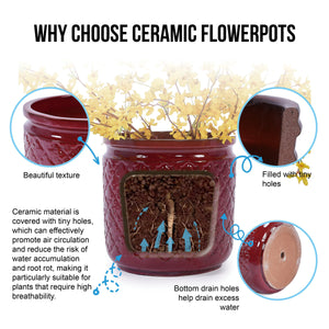 3 Pieces Ceramic Flowerpot, Modern Planter for Patio, Garden or Windowsills - Bean Paste Red