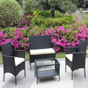 4 PC Rattan Patio Furniture Set with Cushioned Sofa - Black