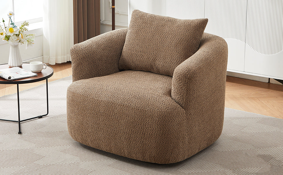 Chenille Upholstered 360° Swivel Chair with Throw Pillow, Dark Brown