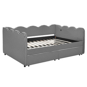 Full Size Cozy Gingham Daybed with Two Storage Drawers, with USB Port and Adorable Wave Shaped, Linen Fabric
