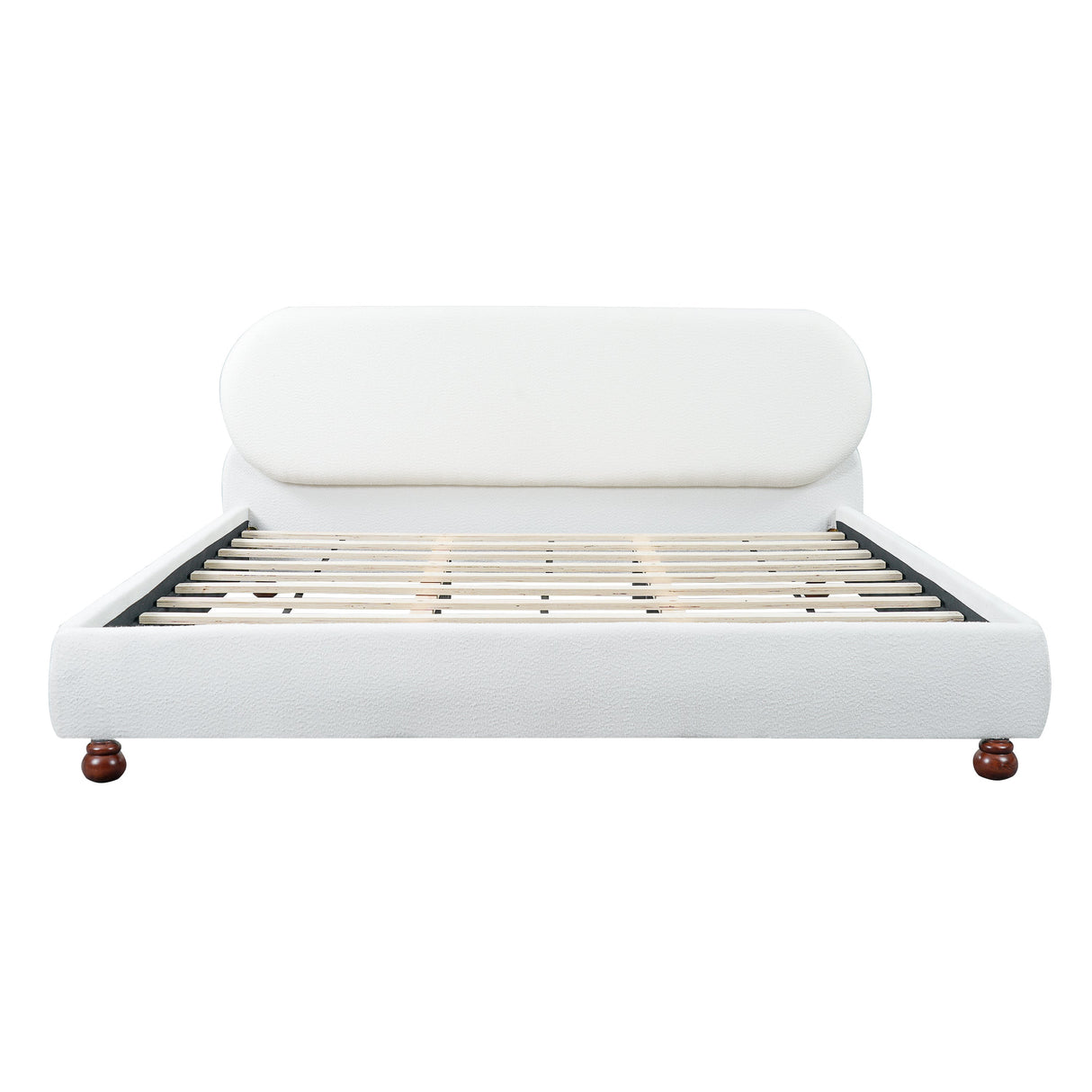 Cream-Colored Boucle Upholstered Bed with Rubber Wood Foot, King