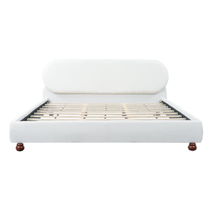 Cream-Colored Boucle Upholstered Bed with Rubber Wood Foot, King