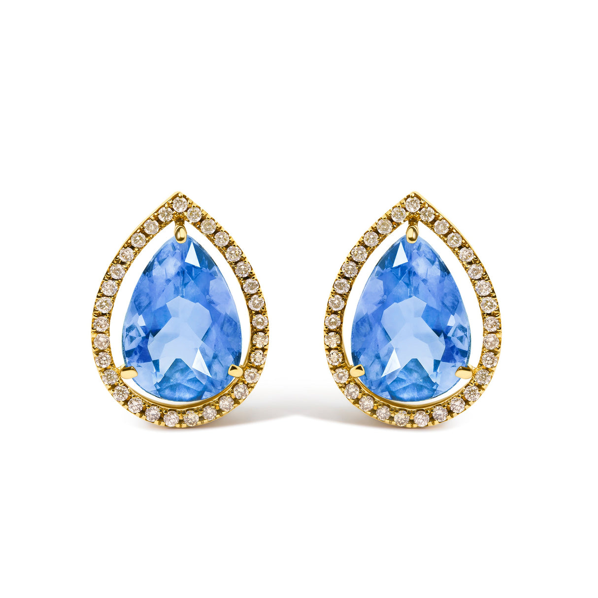 18K Yellow Gold 9x13 MM Blue Flourite Pear Halo Stud Earrings 1/2 Cttw Diamond
