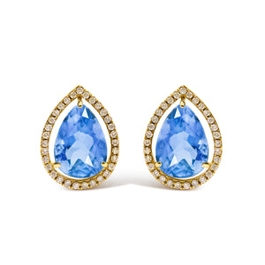 18K Yellow Gold 9x13 MM Blue Flourite Pear Halo Stud Earrings 1/2 Cttw Diamond
