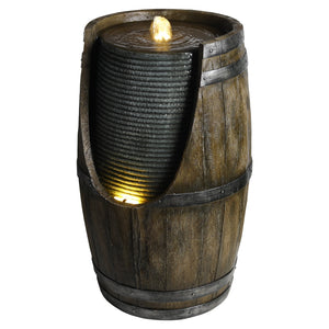 Wooden Barrel Style Outdoor Water Fountain with Lights Resin Rustic Garden Waterfall Decor for Patio Porch Yard