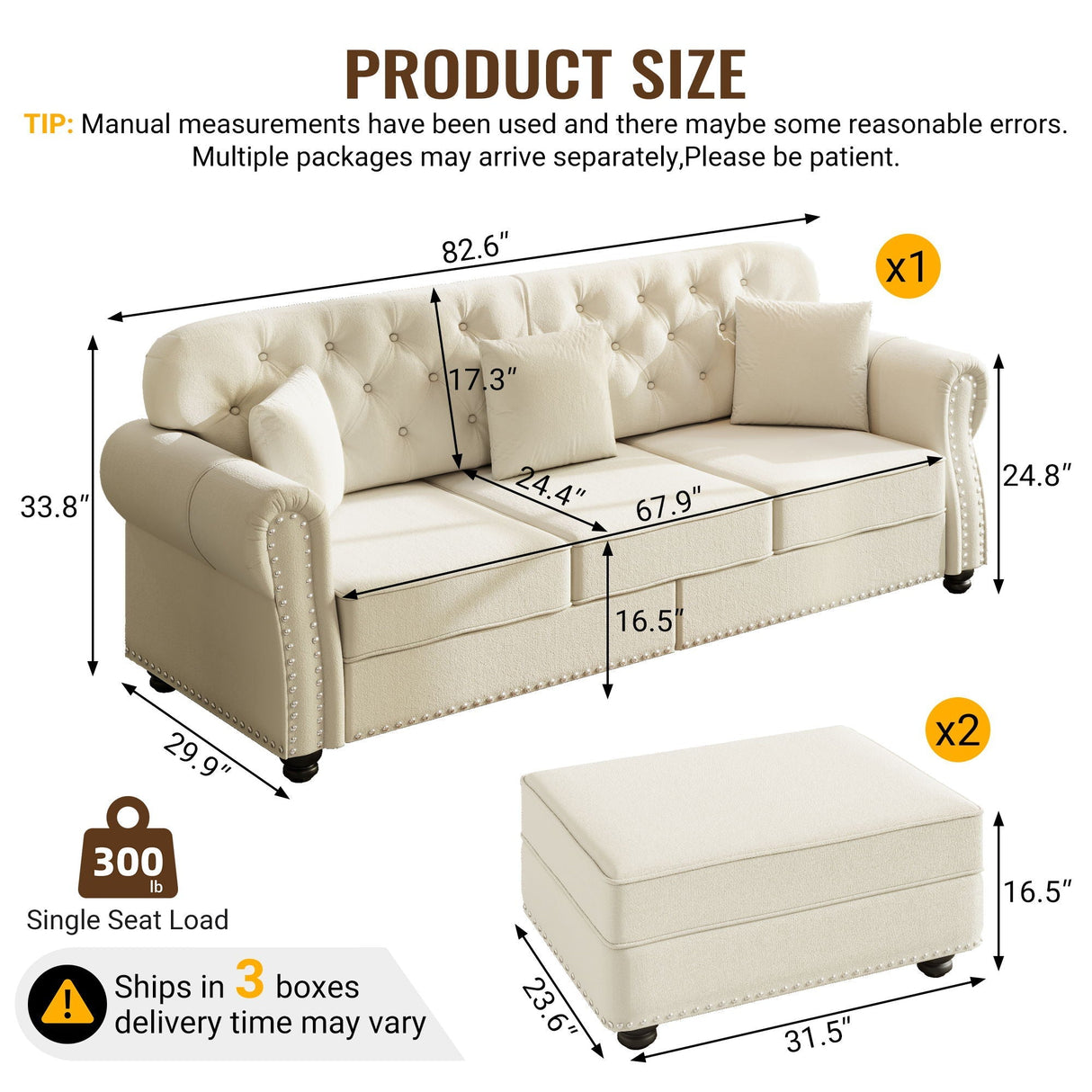 Upholstered Sofa Set With Nailhead Trim and Rolled Armrests, Includes Pillows