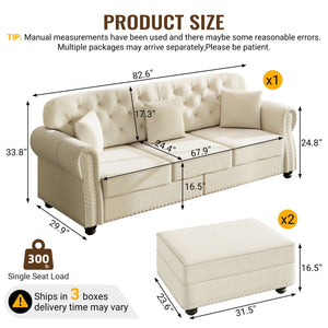 Upholstered Sofa Set With Nailhead Trim and Rolled Armrests, Includes Pillows