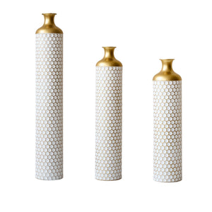 3 Piece Large Glazed Floor Vase Set - Gold and White
