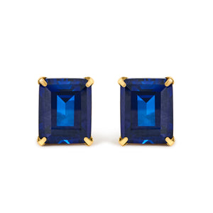 18K Yellow Gold 10x8 MM Lab Created Blue Sapphire Emerald Cut Solitaire Stud Earrings