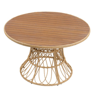 5-Piece Outdoor Dining Set: Teak Finish Round Acacia Wood Table & 4 Teak Finish Wicker Armchairs