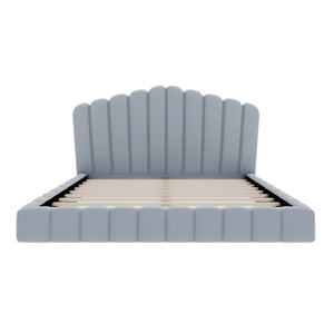 Velvet Upholstered Queen Bed with Shell-Shaped Headboard