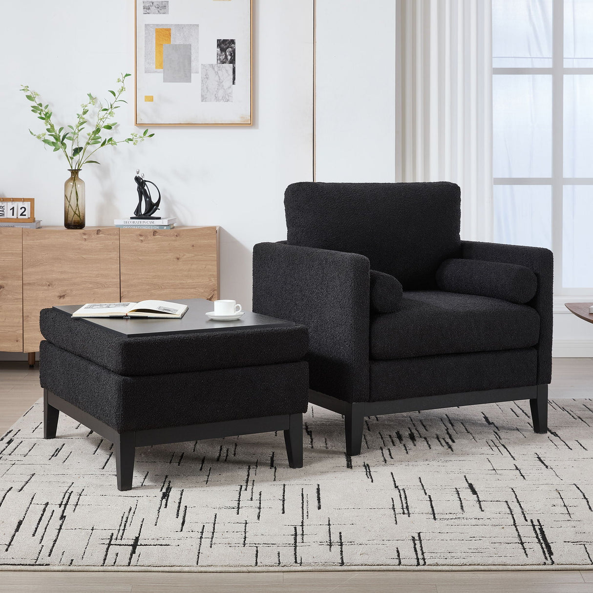 Farmhouse Upholstered Accent Chair With Ottoman, Reversible Lid Coffee Table