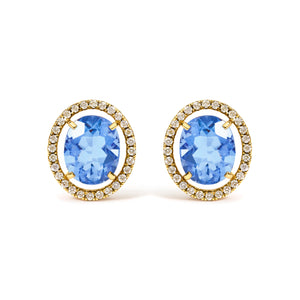 18K Yellow Gold 8X10 MM Blue Fluorite Oval and 1/2 Cttw Diamond Halo Stud Earrings