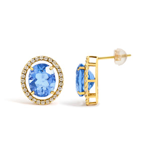 18K Yellow Gold 8X10 MM Blue Fluorite Oval and 1/2 Cttw Diamond Halo Stud Earrings