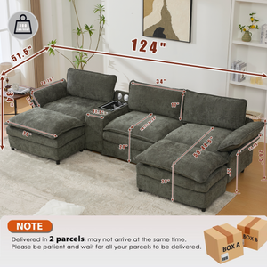 U Shaped Modular Sectional Sofa with Storage Console & Bluetooth Speakers