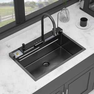 30" Whale Digital Waterfall Sink With LED Display, 16 Gauge Single Bowl Ledge Workstation - Gunmetal Black