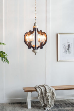 Wood Chandelier 6 Light Farmhouse Pendant Lighting Wood Hanging Light Fixture For Kitchen Living Dining Room, Bulb Not Included - Cream