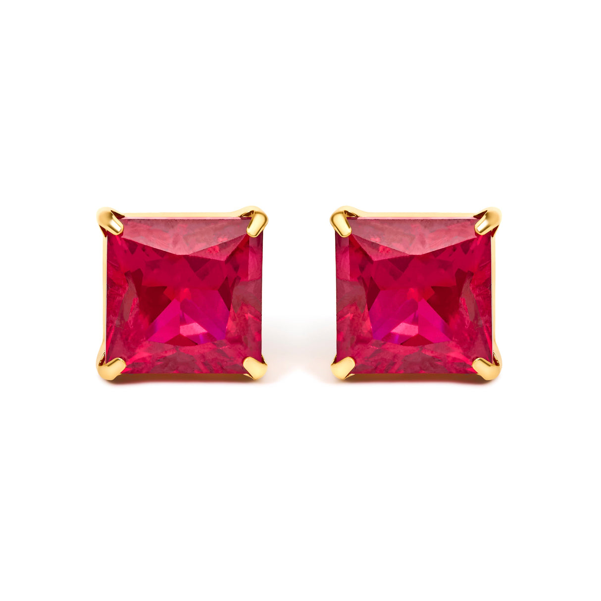 18K Yellow Gold 7x7 MM Created Red Ruby Princess Cut Solitaire Stud Earrings