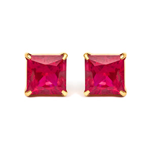 18K Yellow Gold 7x7 MM Created Red Ruby Princess Cut Solitaire Stud Earrings