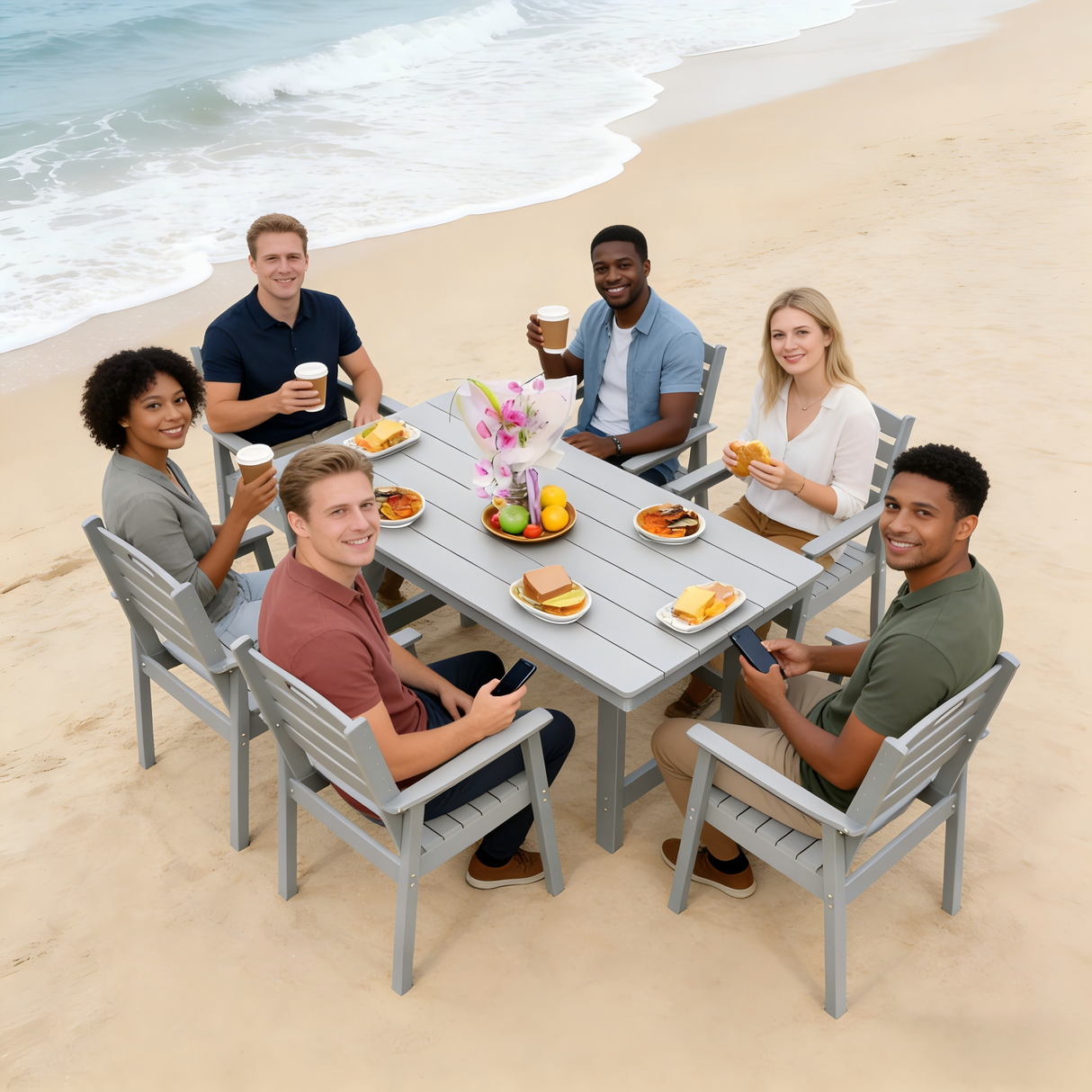 HDPE Outdoor Patio Dining Set - Table and Six Chairs