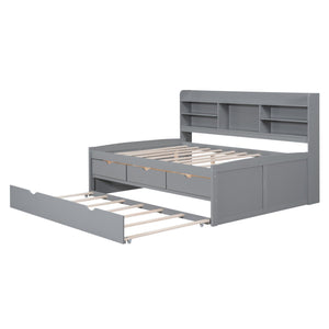 Captain Bed With Built In Bookshelves, 3 Storage Drawers, And Trundle