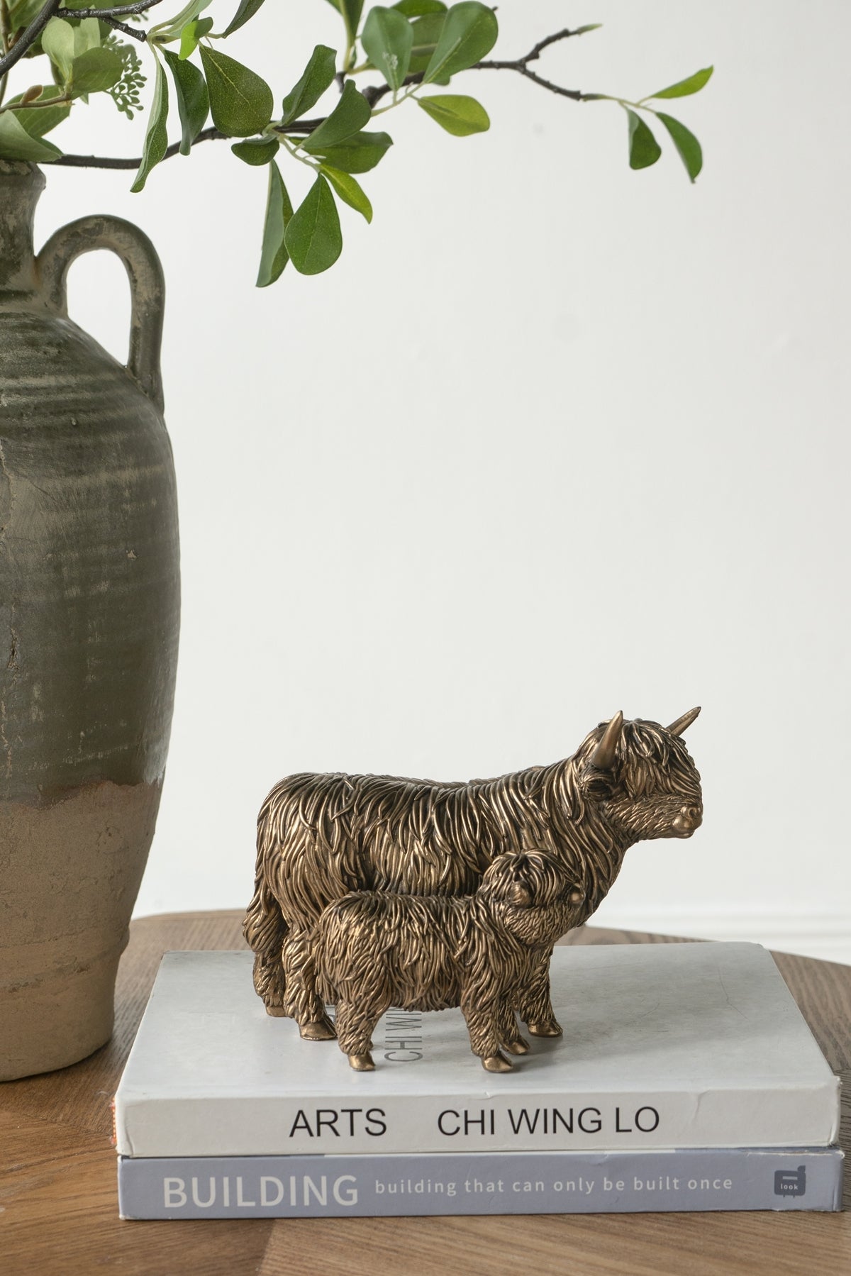7.5x4.5x5.5' Lifelike Polyresin Highland Cow and Calf Statue with Rich Bronze Finish