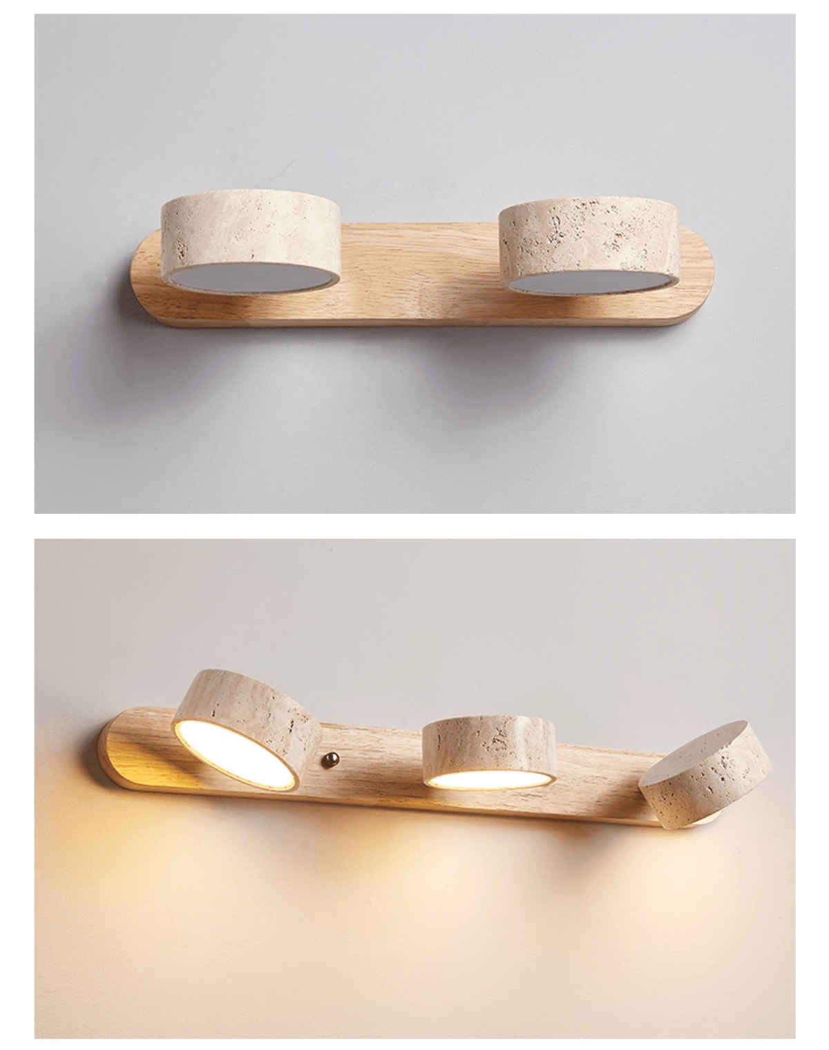 Travertine Stone Wall Sconce with Dimmable LED | Natural Wood Accent for Warm Ambient Glow