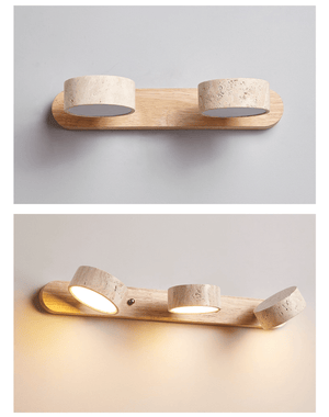 Travertine Stone Wall Sconce with Dimmable LED | Natural Wood Accent for Warm Ambient Glow