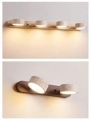 Travertine Stone Wall Sconce with Dimmable LED | Natural Wood Accent for Warm Ambient Glow