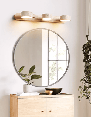 Travertine Stone Wall Sconce with Dimmable LED | Natural Wood Accent for Warm Ambient Glow