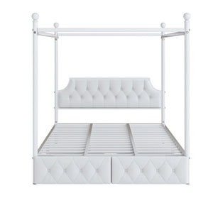 Queen Size Canopy Platform Bed With Upholstered Headboard And 2 Storage Drawers - White