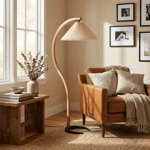 Arbora | Arc Floor Lamp with Beech Wood and Pleated Shade | Plug In Lamp for Living Room