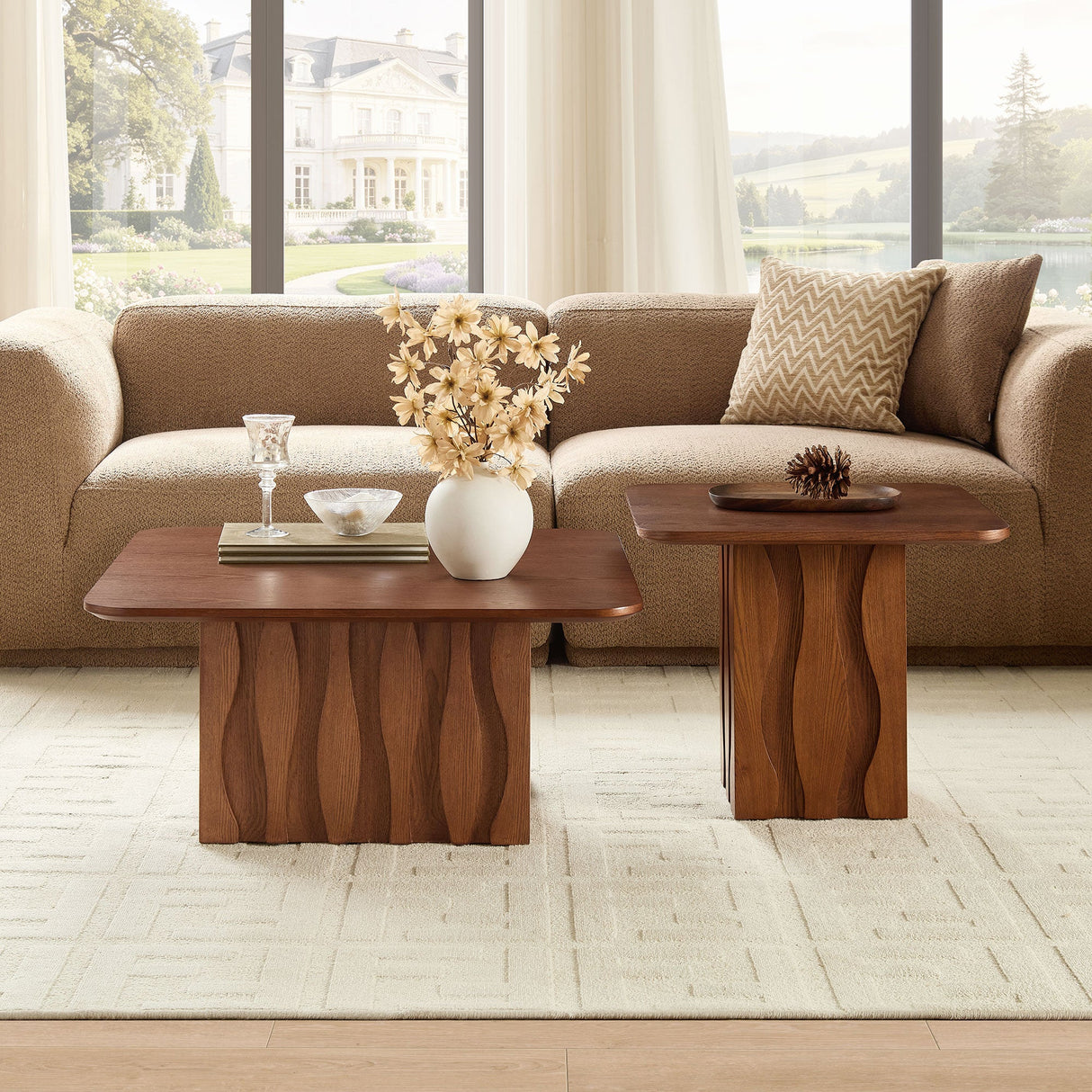 2PCS Nesting Square Coffee Table Mid-Century Wavy Fluted Base