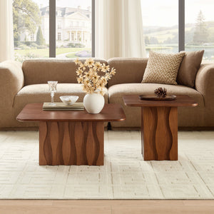 2PCS Nesting Square Coffee Table Mid-Century Wavy Fluted Base