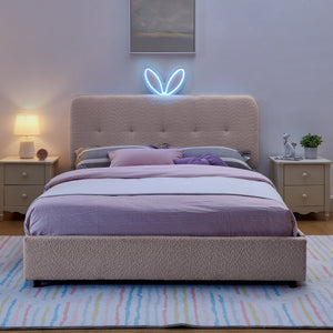 Queen Size Kids Upholstered Bed with Oversized Rabbit Ear Headboard, LED Light & 4 Storage Drawers, Boucle Fabric (84.5''X62.75''X41'')