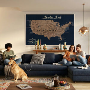 Blue Custom USA Push Pin Travel Map Canvas for Trip Tracker