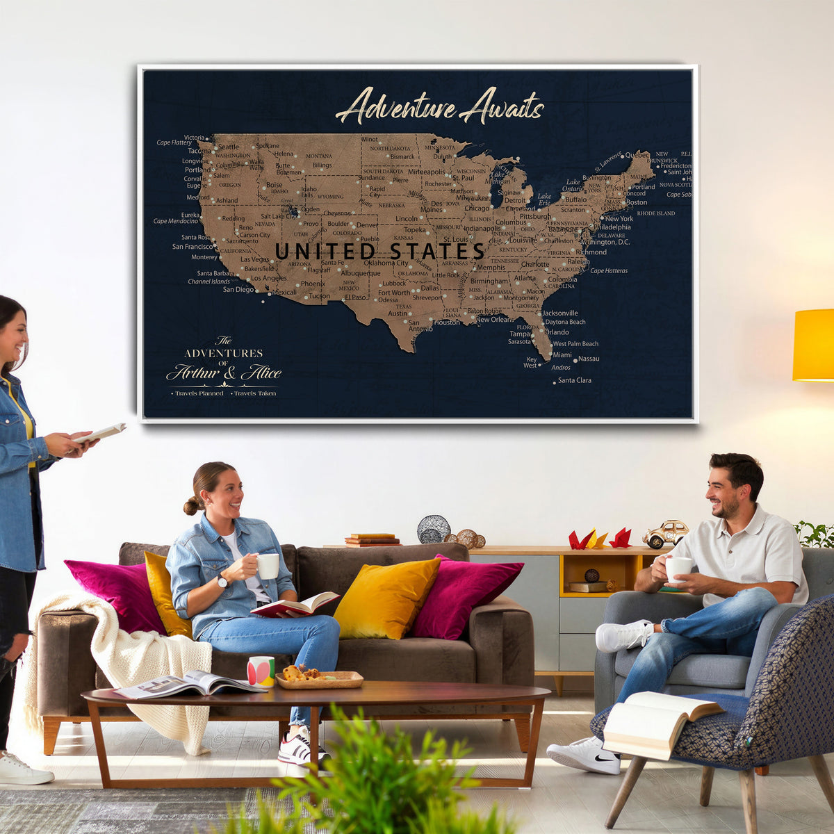 Blue Custom USA Push Pin Travel Map Canvas for Trip Tracker