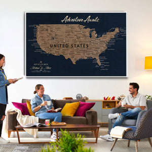 Blue Custom USA Push Pin Travel Map Canvas for Trip Tracker