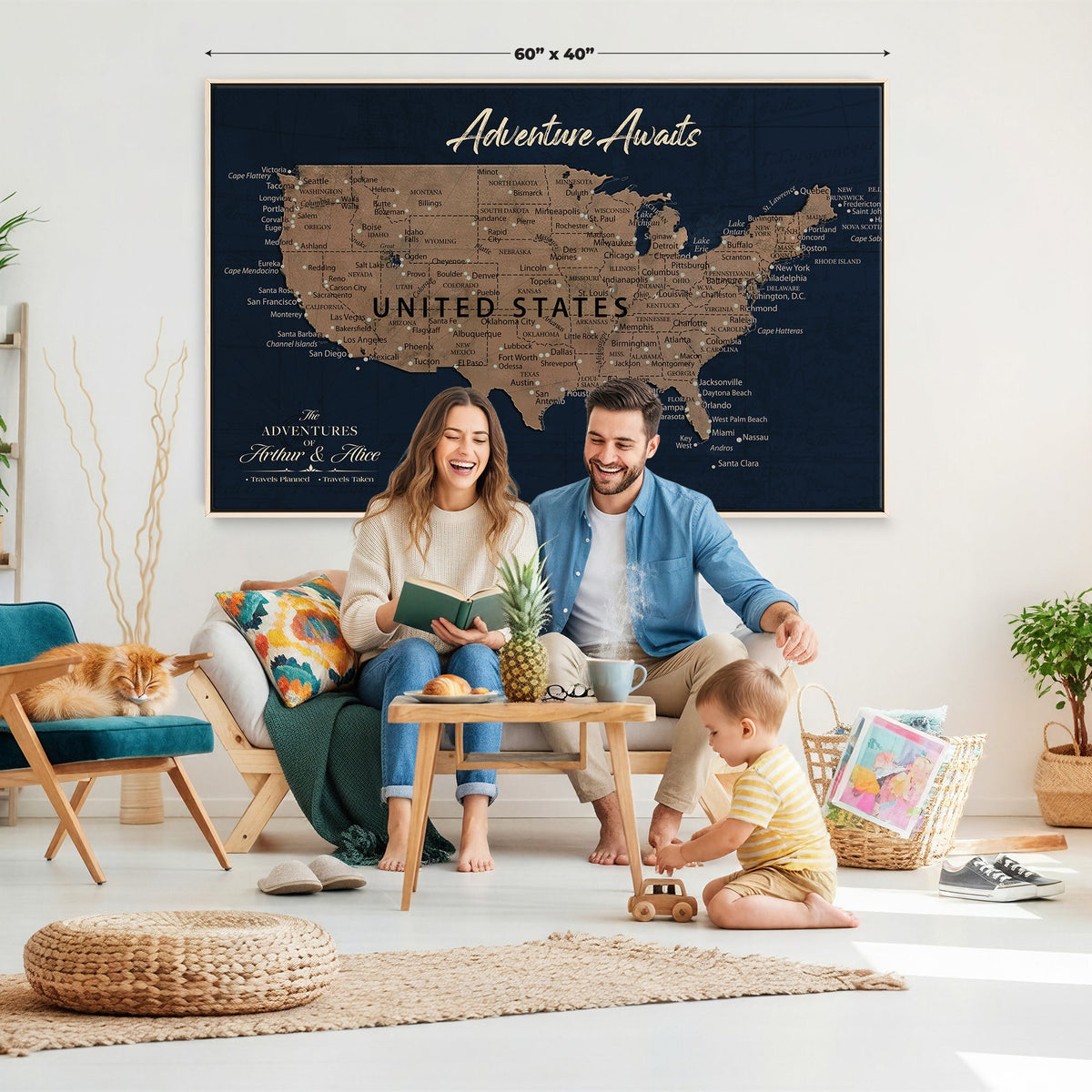 Blue Custom USA Push Pin Travel Map Canvas for Trip Tracker