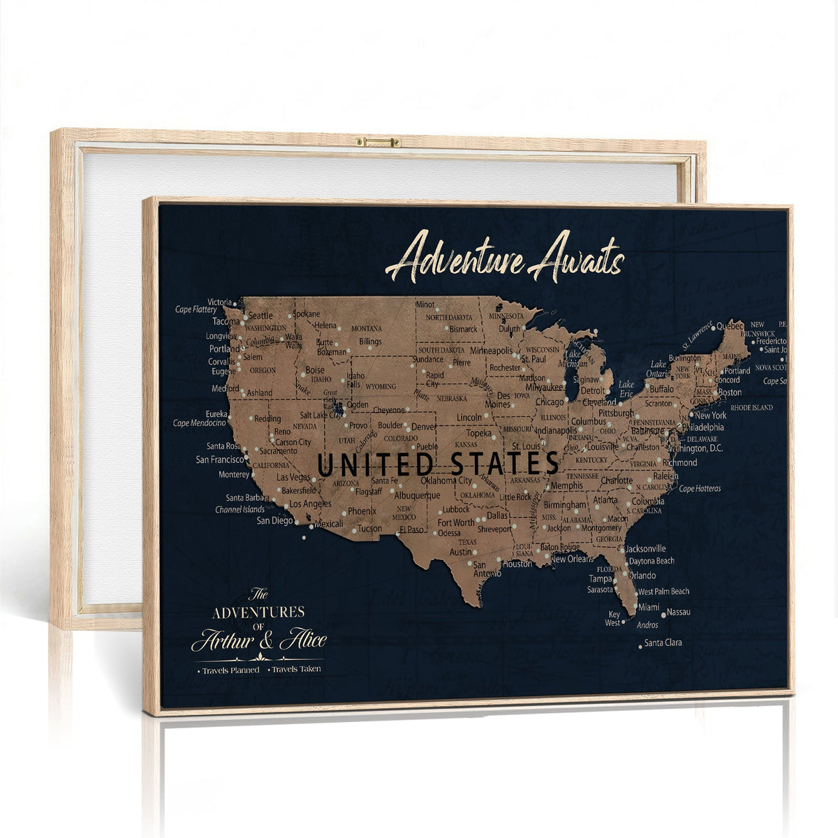 Blue Custom USA Push Pin Travel Map Canvas for Trip Tracker