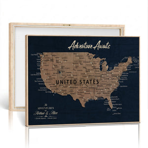 Blue Custom USA Push Pin Travel Map Canvas for Trip Tracker