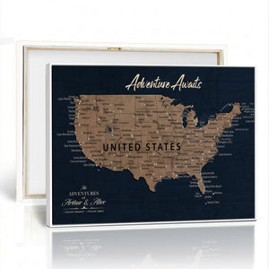 Blue Custom USA Push Pin Travel Map Canvas for Trip Tracker