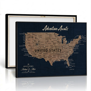 Blue Custom USA Push Pin Travel Map Canvas for Trip Tracker