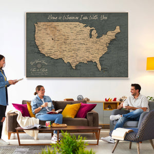 Custom Push Pin US Map Canvas | Personalized Travel Tracker | USA Cities Map Anniversary Gift for Couples | Adventure America Map Wall Art with Pins