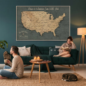 Custom Push Pin US Map Canvas | Personalized Travel Tracker | USA Cities Map Anniversary Gift for Couples | Adventure America Map Wall Art with Pins