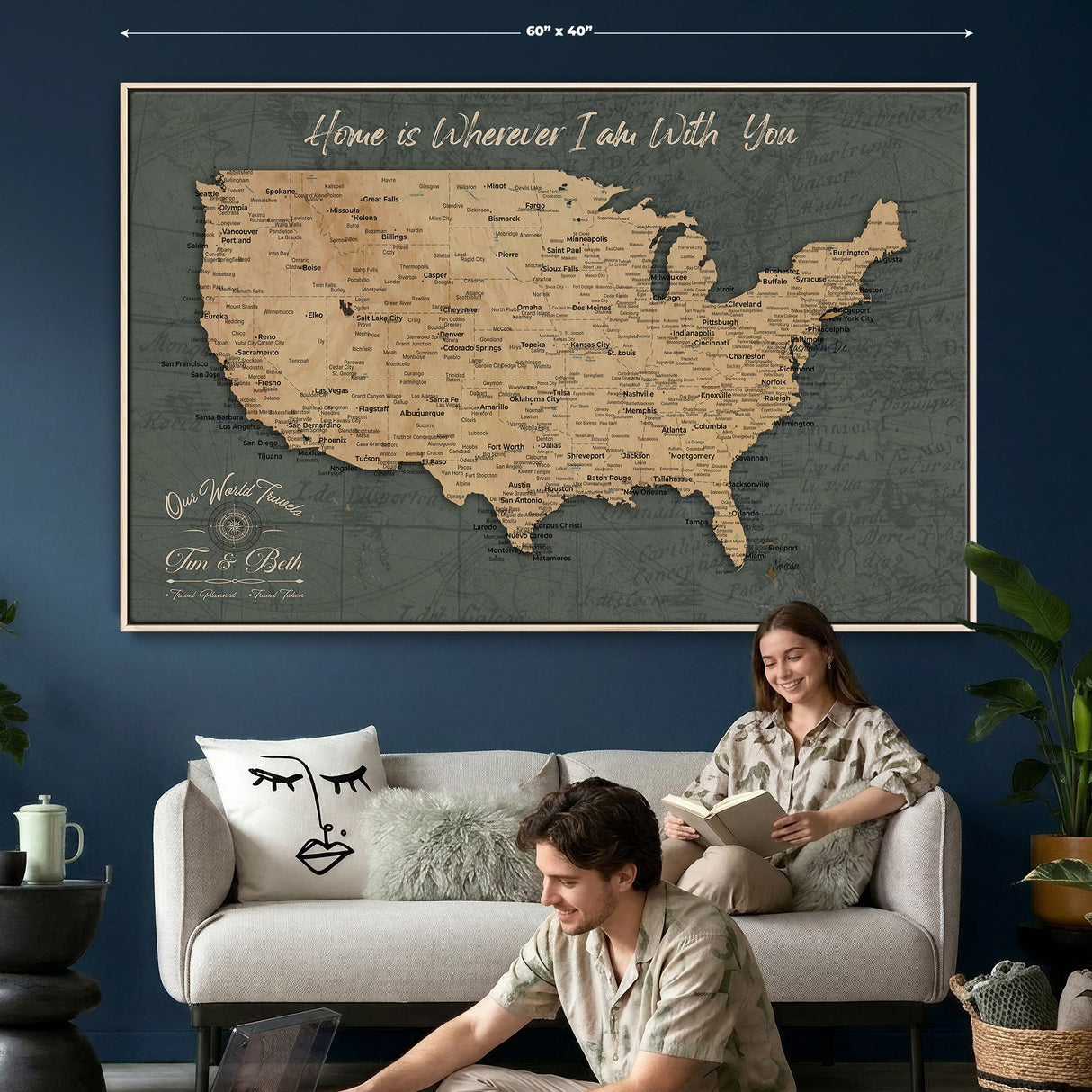 Custom Push Pin US Map Canvas | Personalized Travel Tracker | USA Cities Map Anniversary Gift for Couples | Adventure America Map Wall Art with Pins