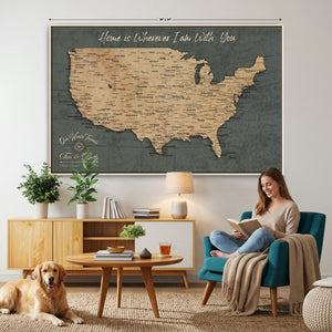 Custom Push Pin US Map Canvas | Personalized Travel Tracker | USA Cities Map Anniversary Gift for Couples | Adventure America Map Wall Art with Pins
