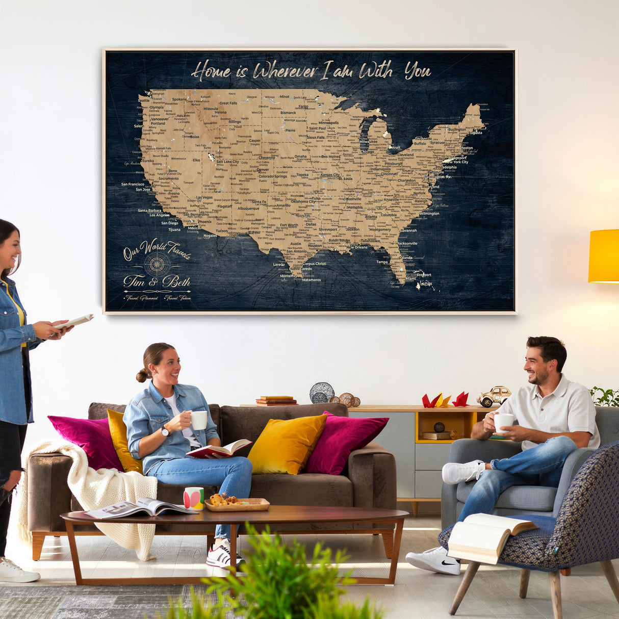 Custom Push Pin US Map Canvas | Personalized Travel Tracker | USA Cities Map Anniversary Gift for Couples | Adventure America Map Wall Art with Pins